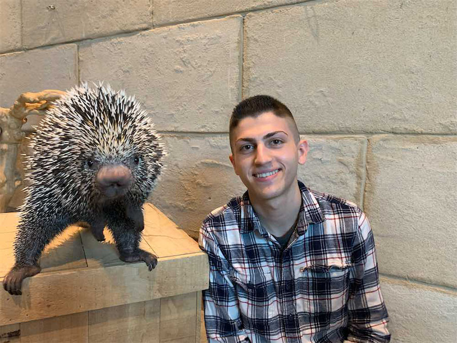 Person posing with porcupine